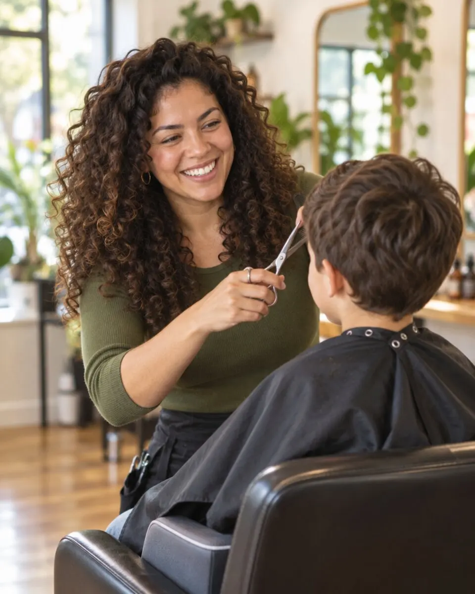 Dani giving a young boy a haircut, chatting with him as she trims