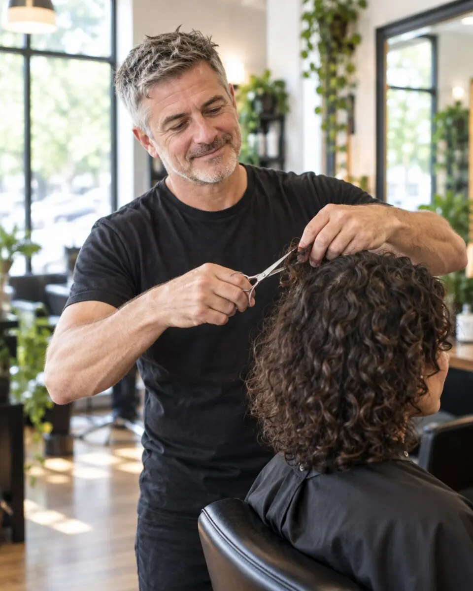 Marcus cutting a client's curly hair dry, in the light from the front windows