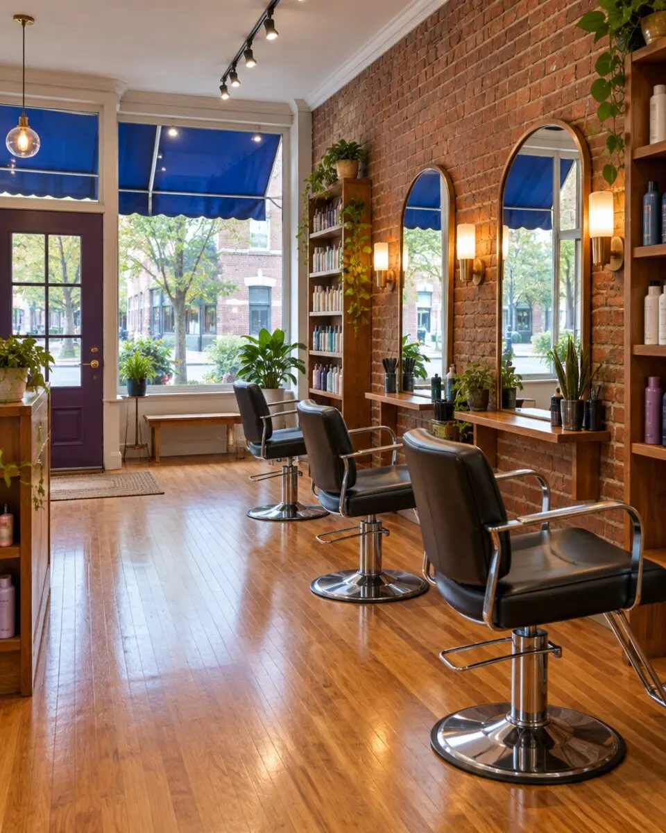 Inside cove: hardwood floors, styling chairs facing arched mirrors and the blue awnings outside the windows