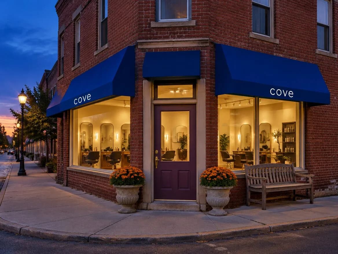 cove at dusk: a brick corner building on Main Street with blue awnings, a purple door and the lights on inside