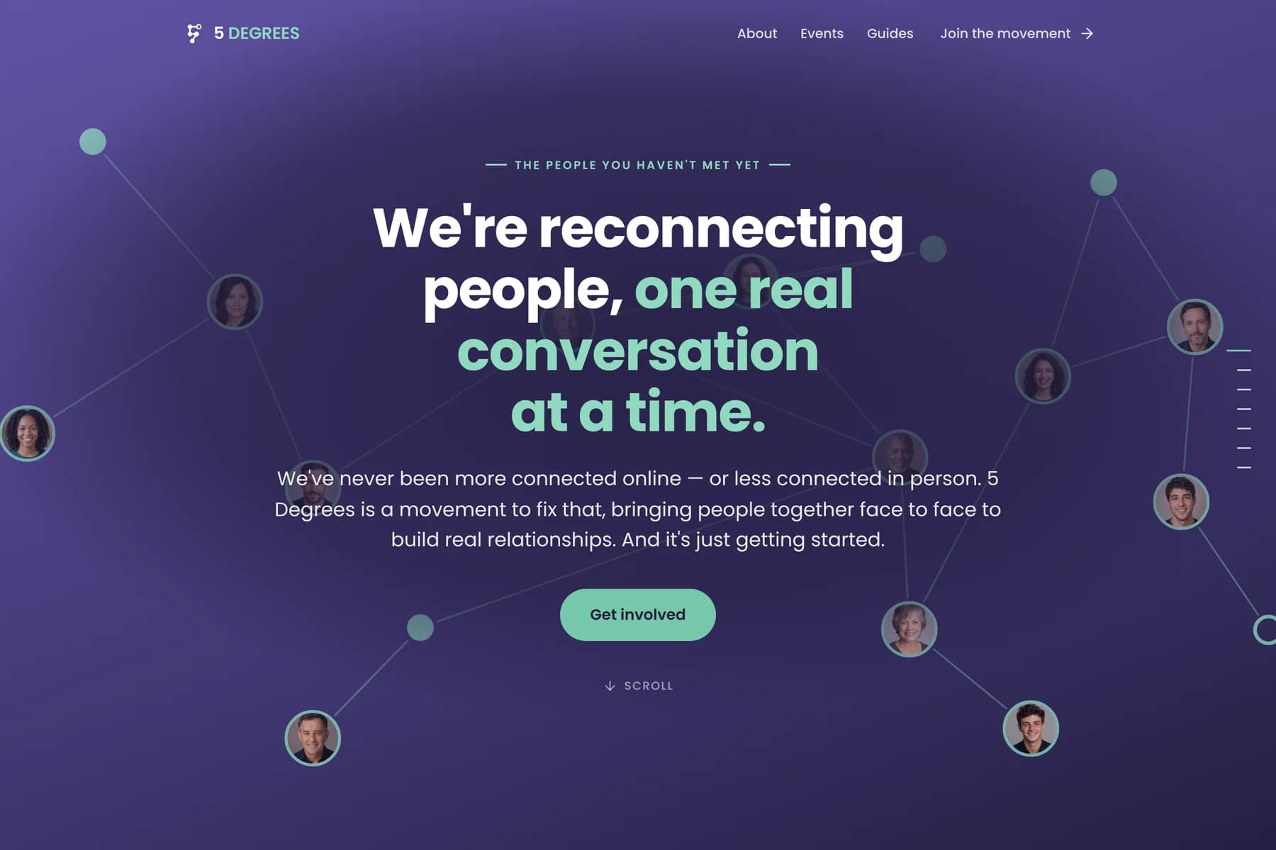 The Gathering: A live client site: scroll, and a scattered crowd of strangers' faces drifts together into one connected mark.