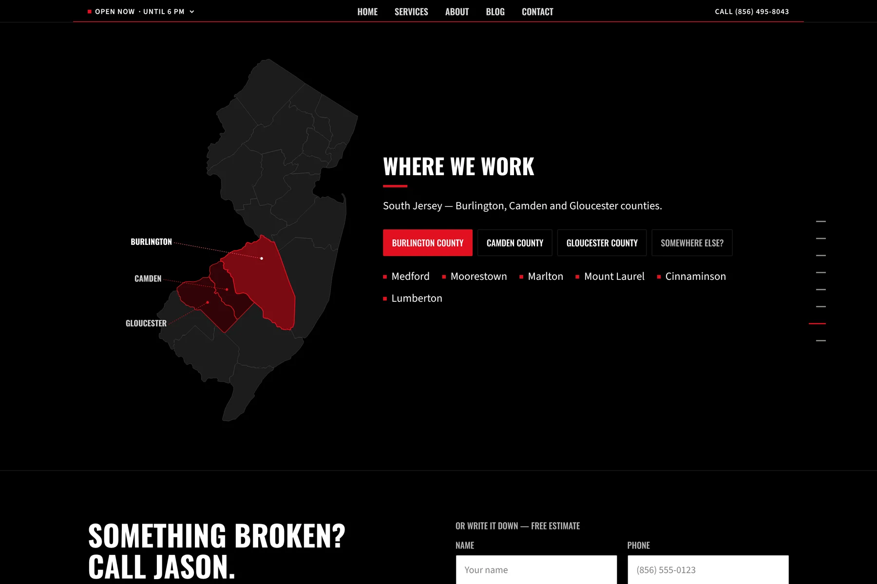 Do You Come to Me?: A live client site: an interactive map of the towns they serve, plus a live open-now badge that knows the time where you are.