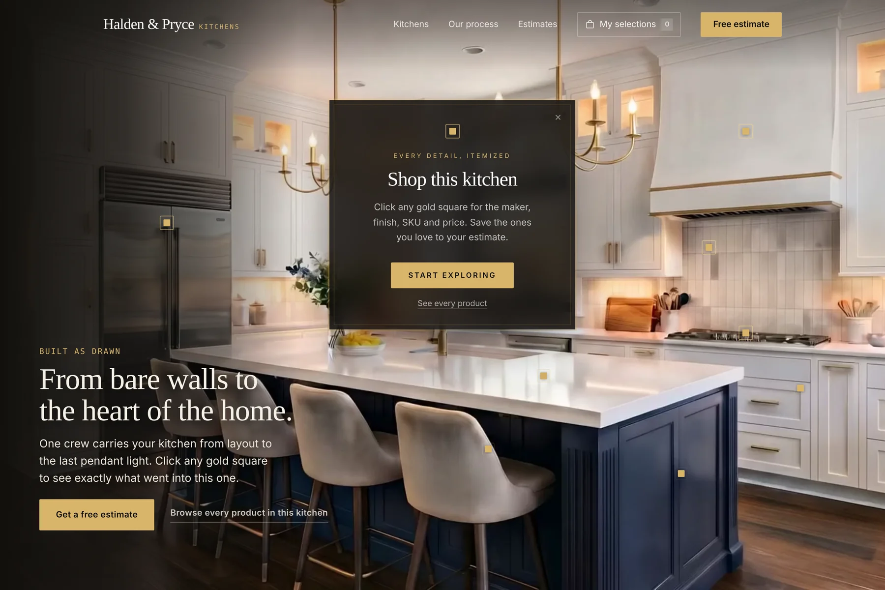 Shop the Room: Click any gold square on the finished kitchen for the maker, finish, SKU, price and lead time — then save picks to an estimate.