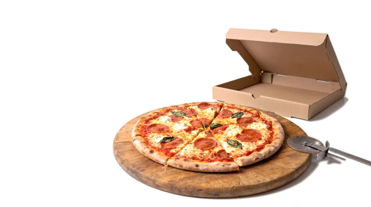 A sliced pepperoni pizza on a wooden board, next to an open pizza box